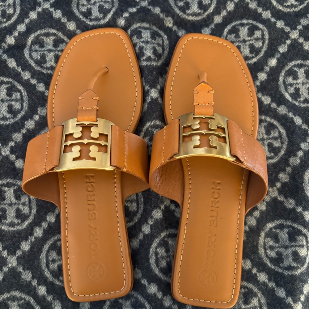 Tory Burch Brown Sandals with Gold Emblem